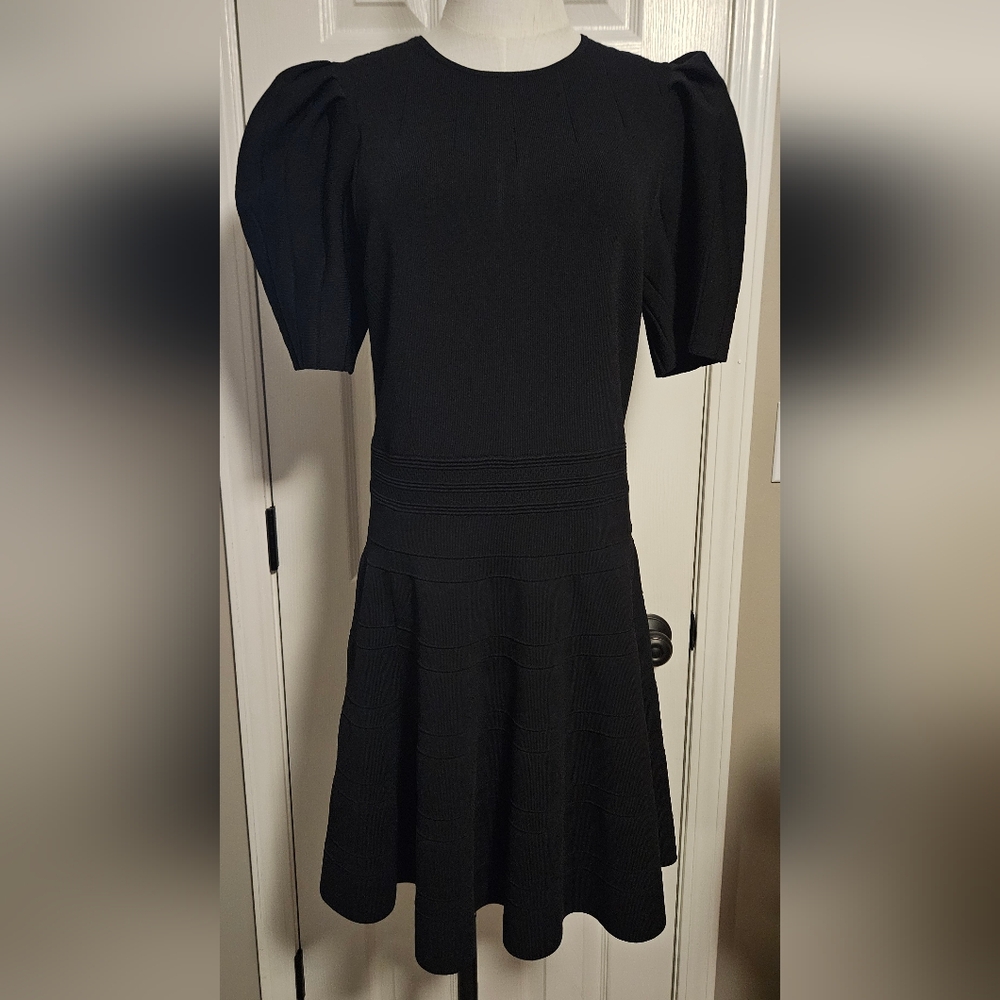 NWT Ted Baker Black VelveyPuff Sleeve Knit Dress: Size 4 (US 8-10)‎